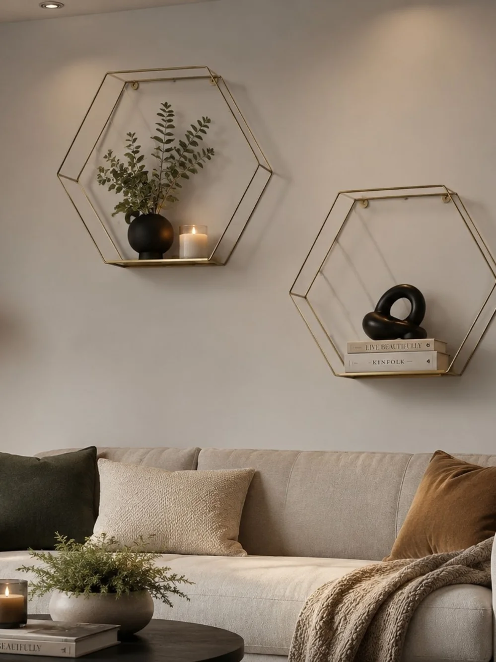 Modern Hexagon Wall Shelves in Gold with Black Accents